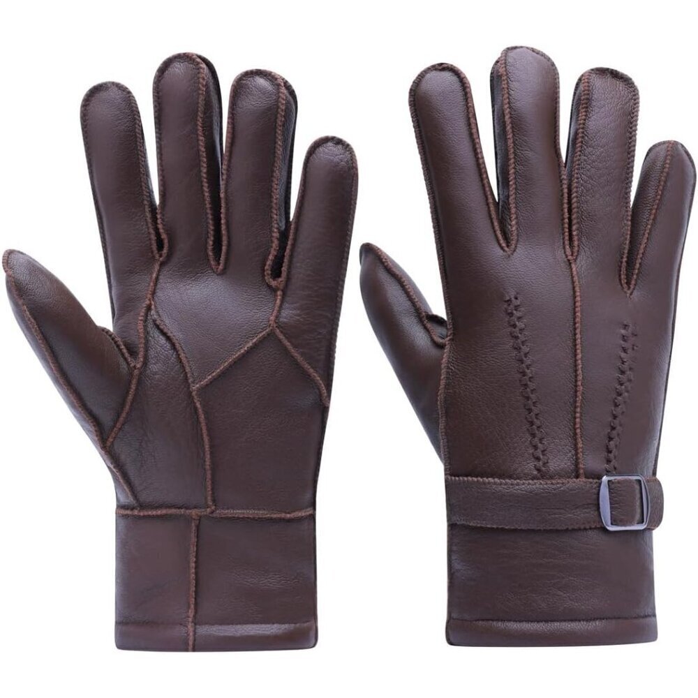 Harssidanzar Men's Winter Leather Gloves Sheepskin Warm Shearling Lined SM04